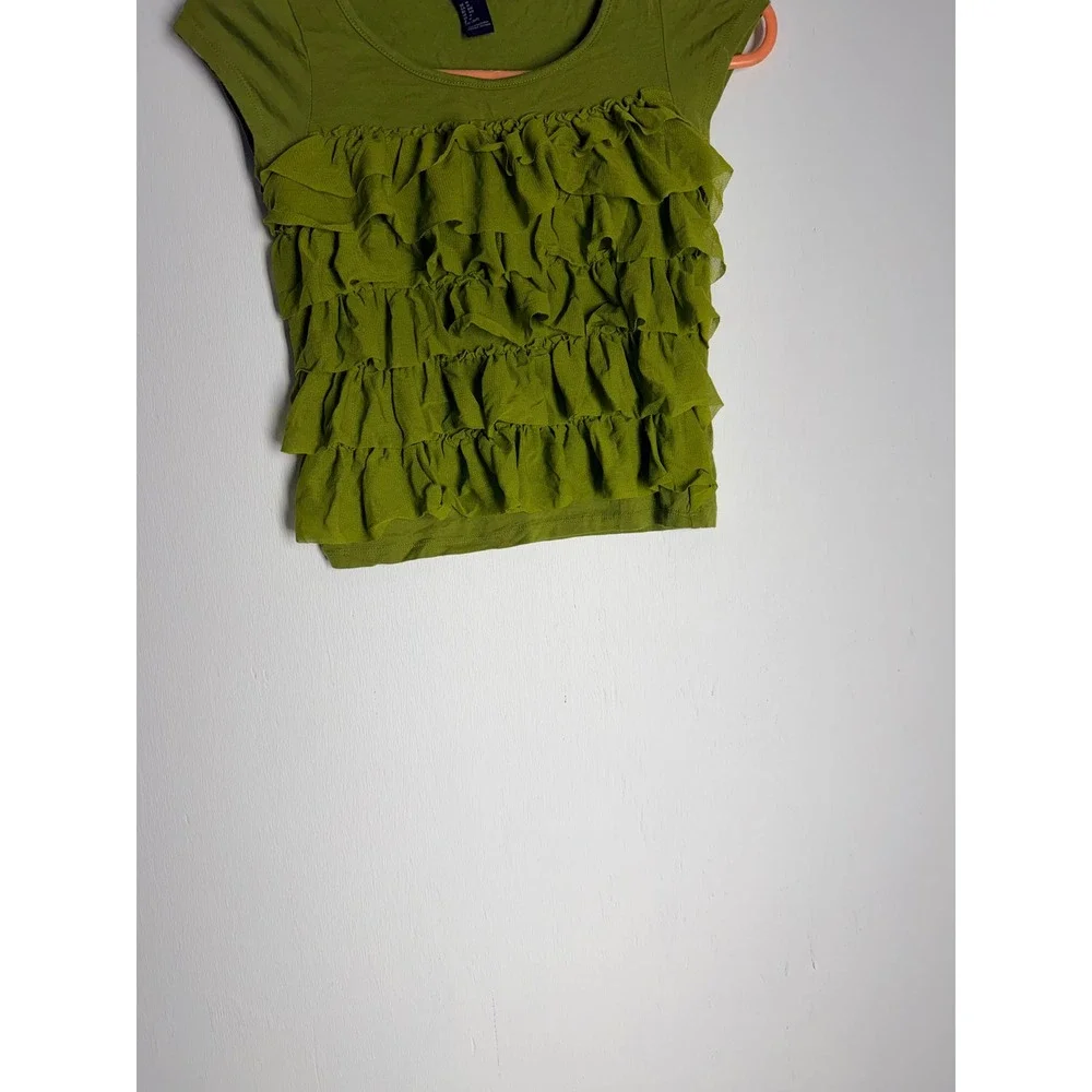 Forever 21 Girls Olive Green Ruffle Front Short Sleeve Top Size M 9/10
